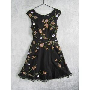 eShakti Black Floral Embroidered Mesh Overlay Dress Cap Sleeve Midi